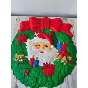Vintage celluloid Santa hanging wreath bell molded poinsettia Xmas decor